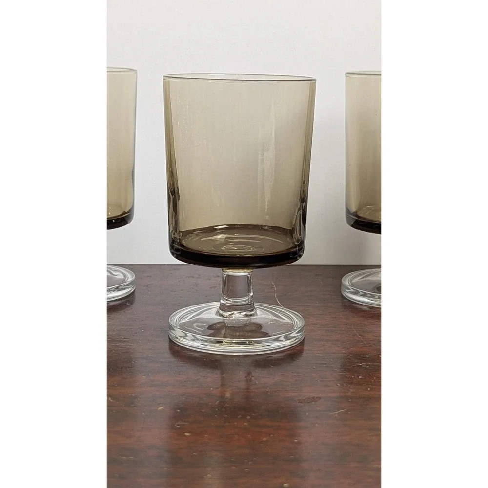 Vintage Smoked Brown Wine Glasses Set of 5 French Mid Century Barware Goblets